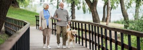 Residential park home in Ruthin, North Wales. The Woodlands retirement community. Old couple walking dog.